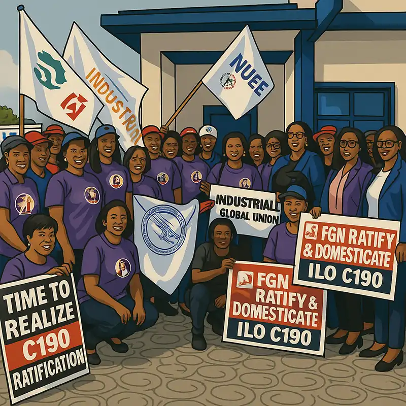 گروهی از زنان خوشحال که پیراهن‌های بنفش به تن دارند و پرچم‌ها و پلاکاردهایی با شعارهای حمایت از تصویب کنوانسیون C190 سازمان بین‌المللی کار در دست دارند.