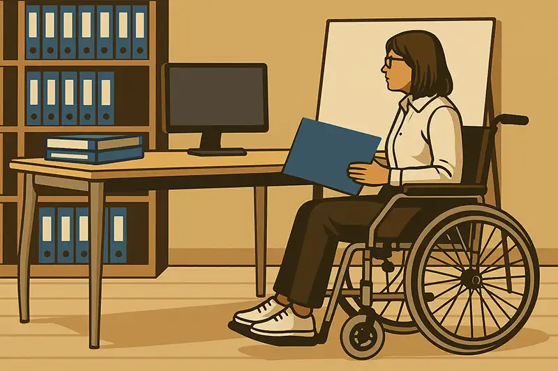 Illustration of a woman in a wheelchair holding a folder, sitting at a desk with a computer and bookshelf filled with binders in an office setting.