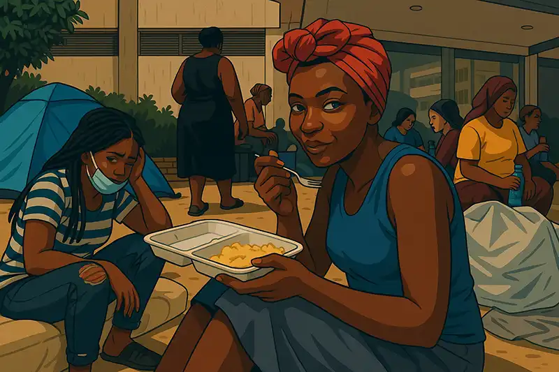 Illustration of a group of people gathered outdoors near tents, one woman in the foreground wearing a red headscarf and blue dress is eating food from a takeout container, while another woman nearby looks tired and has a mask pulled down.