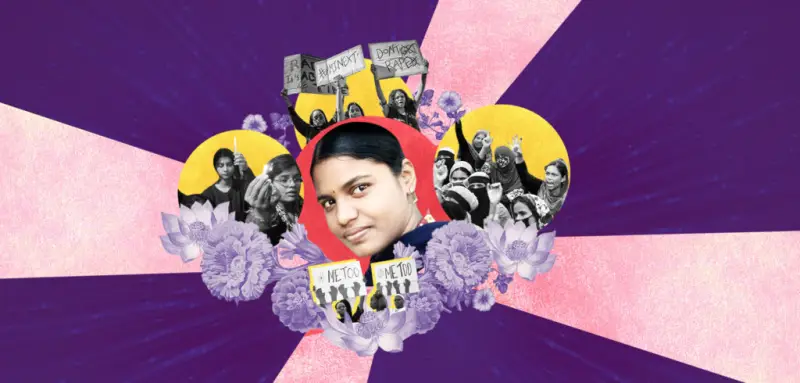 Digital collage featuring a young woman surrounded by images of protests, flowers, and signs with messages like "Me Too."