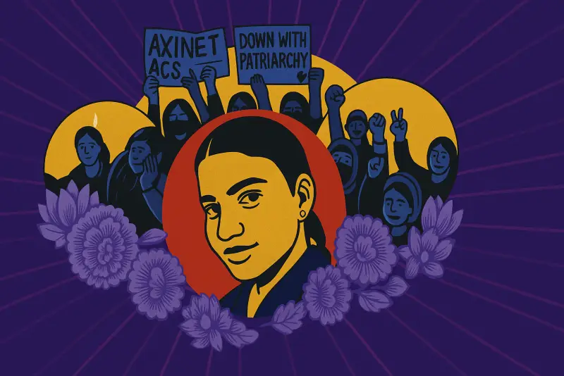 Illustration of a woman in the foreground with a group of people protesting behind her holding signs that read "AXINET ACS" and "DOWN WITH PATRIARCHY," surrounded by flowers.