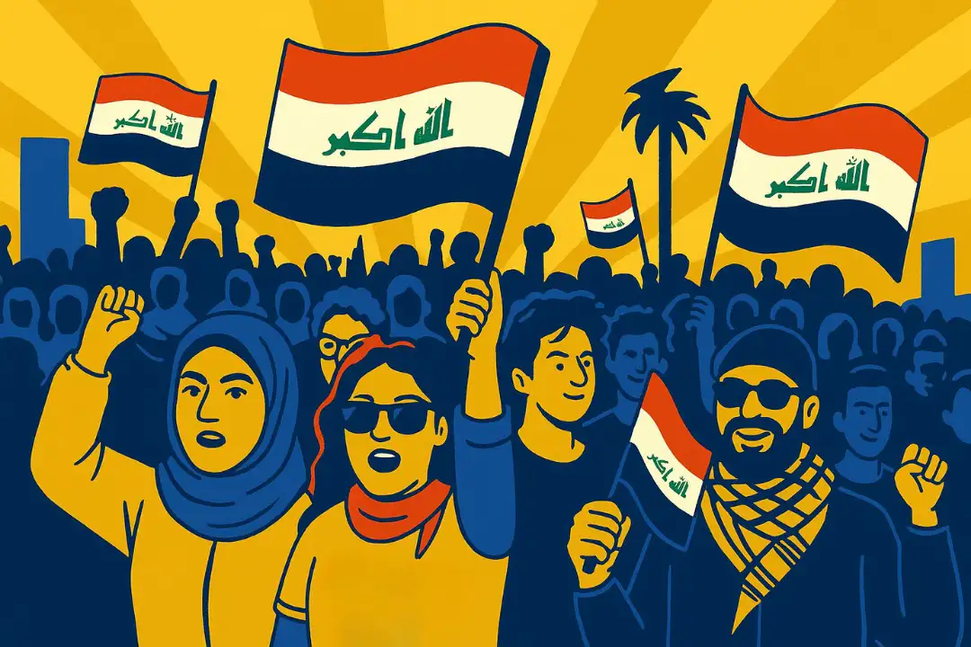Illustration of a diverse crowd of people raising their fists and holding Iraqi flags in a show of solidarity or protest.