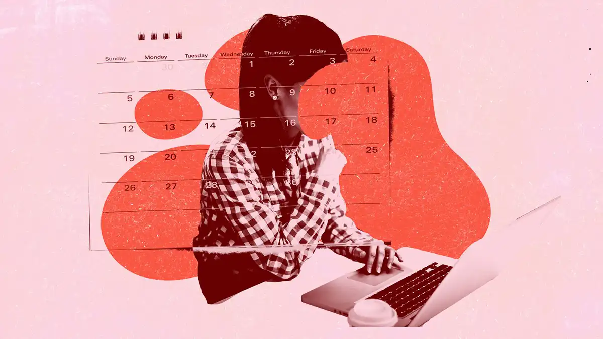 Illustration of a woman working on a laptop with a calendar overlay and red circular marks behind her, symbolizing scheduling or menstrual cycle tracking.