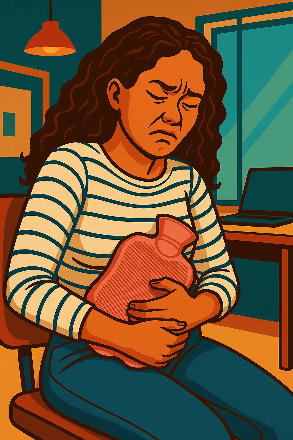 Illustration of a woman with long dark hair sitting on a chair, holding a pink hot water bottle to her abdomen with a pained expression, indicating menstrual cramps or stomach pain.