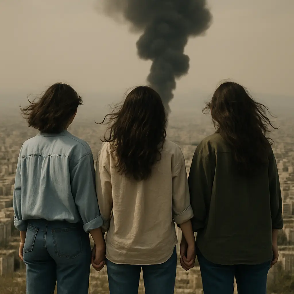 Three women standing side by side holding hands, facing away from the camera, overlooking a city with a large plume of dark smoke rising in the distance.