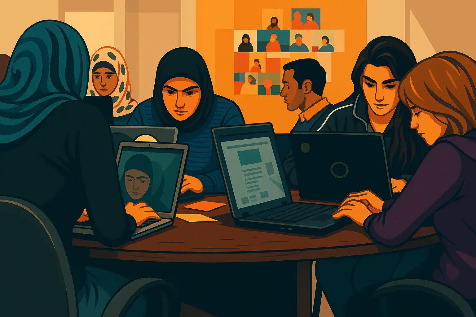 Illustration of a diverse group of men and women working together on laptops in a collaborative environment.