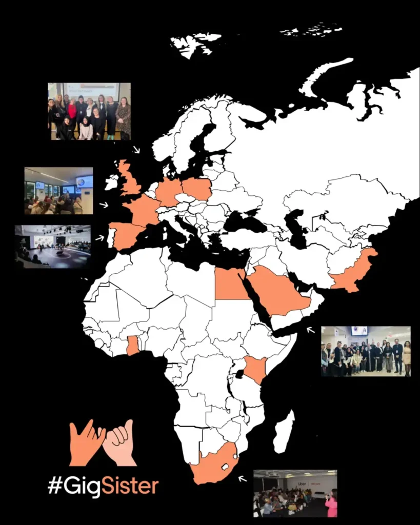 Map of Europe, Africa, and the Middle East with several countries highlighted in orange, featuring the hashtag #GigSister and photos of women’s gatherings.