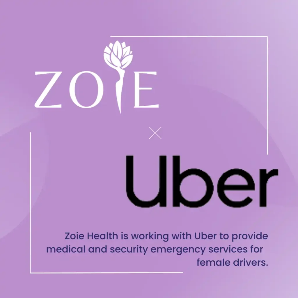 Graphic with the logos of Zoie Health and Uber on a purple background, stating they are partnering to provide medical and security emergency services for female drivers.
