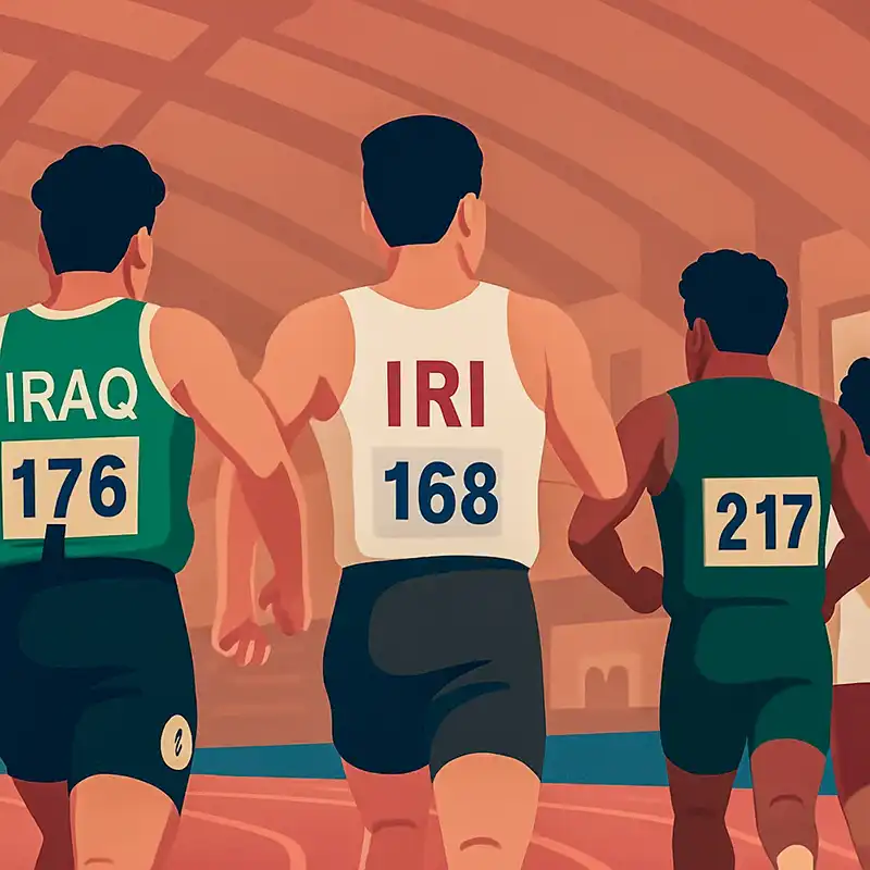 Illustration of three male athletes running on a track, wearing numbered bibs and representing Iraq, Iran (IRI), and another competitor.