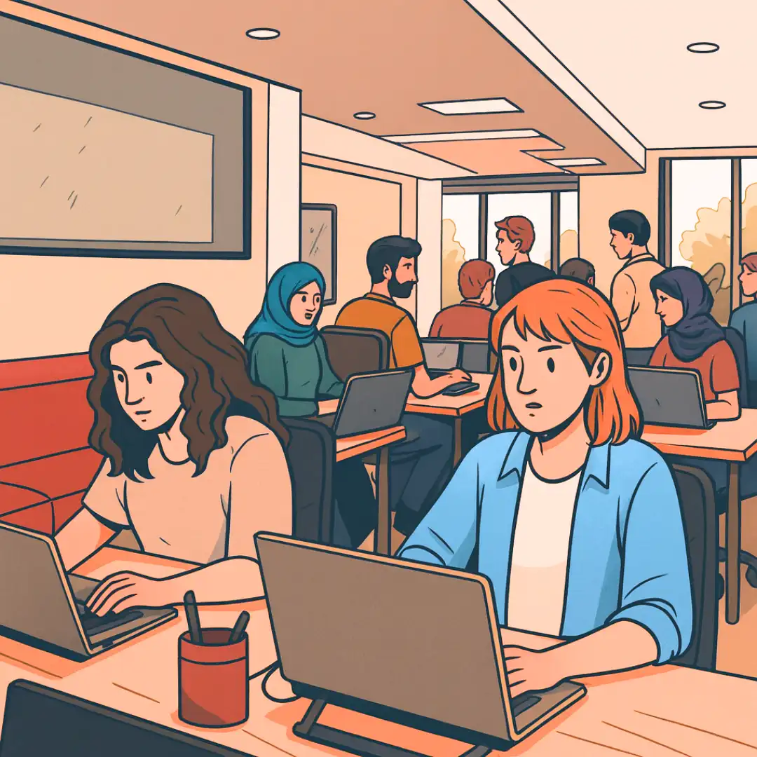 Illustration of a busy shared workspace or classroom with people of diverse backgrounds working on laptops, including a woman wearing a hijab.