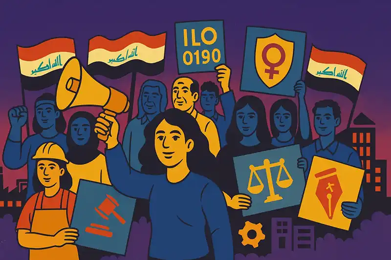 Illustration showing a diverse group of people protesting for workers’ rights and gender equality, holding signs with the Iraqi flag, scales of justice, a female gender symbol, and text referencing the ILO convention 190.