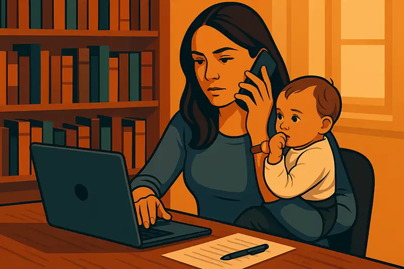 Illustration of a woman working on a laptop while talking on the phone and holding a baby in her lap.