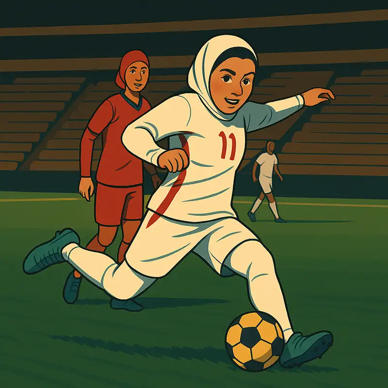Illustration of a female soccer player wearing a white uniform with number 11 and a hijab kicking a soccer ball on a stadium field, with other players in the background.