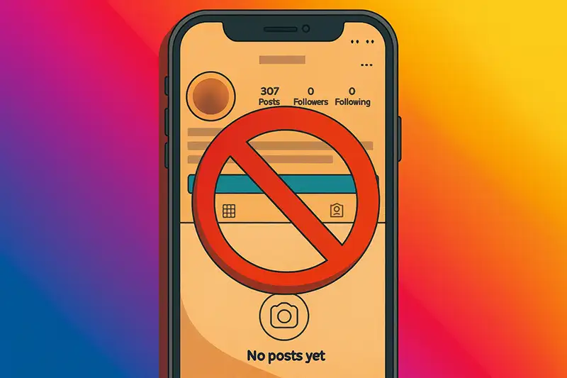Illustration of a smartphone showing a blank social media profile page with a large red prohibition symbol over the screen and the caption "No posts yet."