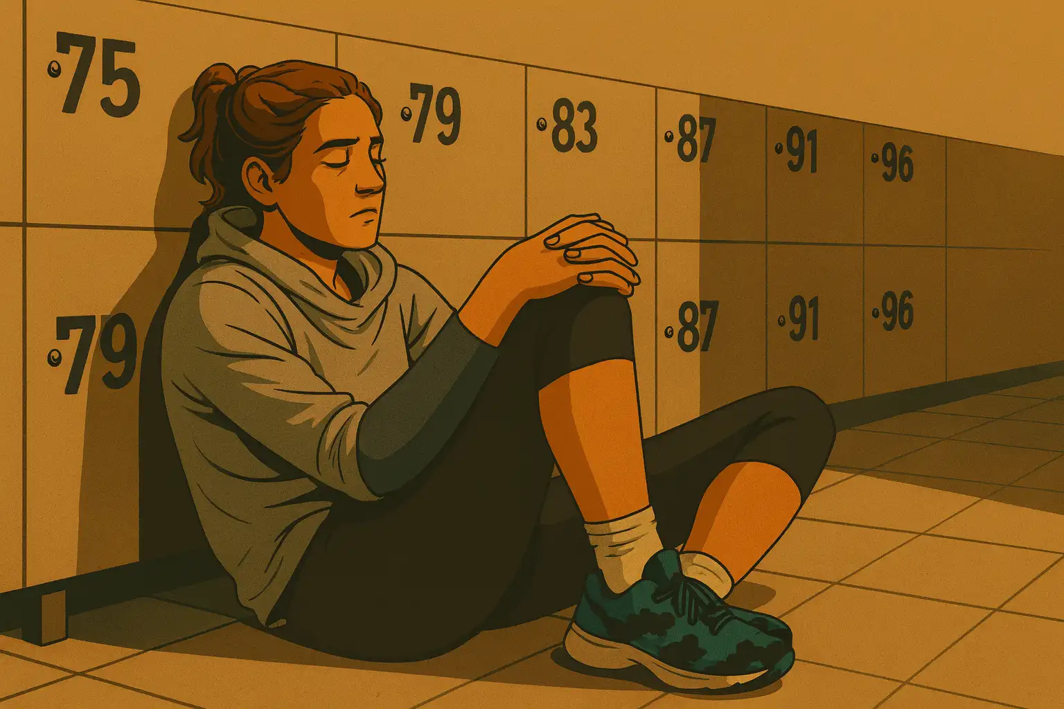 An illustration depicts a person with brown hair tied back, wearing a grey hoodie and dark leggings, sitting on the floor of a locker room. They are leaning against a row of lockers numbered '75', '79', '83', '87', '91', '96'. The person's eyes are closed, and they are holding their right knee, appearing to be in pain or distress. The image has a warm, subdued color palette of browns and oranges.