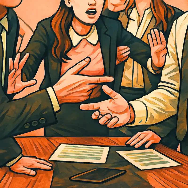 An illustration depicts a tense meeting with four people around a wooden table. In the center, a woman with brown hair, wearing a black blazer and light top, has her mouth open as if speaking or shouting. Multiple hands are gesturing forcefully: one hand points directly at her, another is held up in a stopping gesture, and others are spread open. Papers and a dark tablet are on the table. The image has a graphic, stylized appearance.