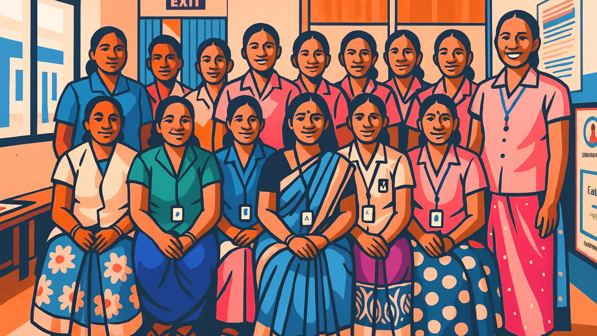 Stylized illustration of a group of women in uniforms and traditional dress, wearing ID badges and posing together inside a clinic or community room.