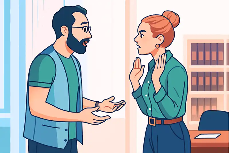 Stylized illustration of a man and woman facing each other in an office, the woman holding up her hands as the man talks.