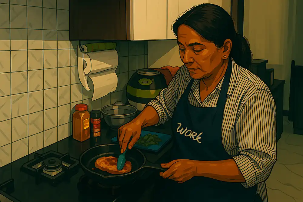 An illustration depicts a woman with dark hair tied back, wearing a striped shirt and a dark blue apron with "WORK" written on it, cooking in a kitchen. She is standing at a stovetop, using a spatula to flip something in a frying pan. Various kitchen items, including spices, bowls, and paper towels, are visible on the counter and in the background. The art style is graphic with distinct outlines and warm, muted colors.