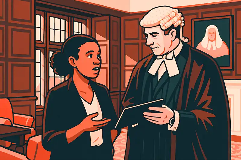 An illustration depicts a Black woman with curly hair, wearing a dark blazer over a light top, speaking with a man in a traditional white barrister's wig and black robe. The man is holding a dark book or tablet. They are in a wood-paneled room with tall windows and a framed portrait on the wall. The image is stylized with strong lines and a warm color palette.