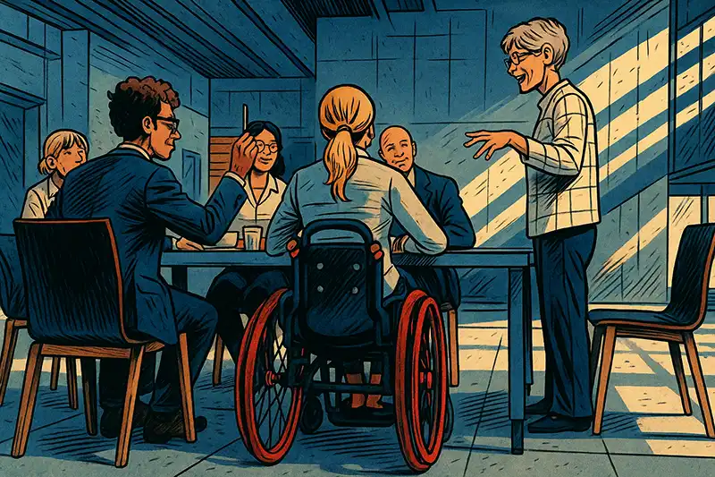 An illustration depicts a meeting with six people in a room with a window, in a graphic art style with blue and orange tones. Around a dark table, from left, are an older person, a man with curly hair and glasses in a suit, a woman with glasses, and a bald man in a suit. A person with blonde hair in a white shirt is seated at the table in a wheelchair with red wheels, seen from behind. An older person with short grey hair and glasses, wearing a plaid shirt, is standing and gesturing while speaking to the group.