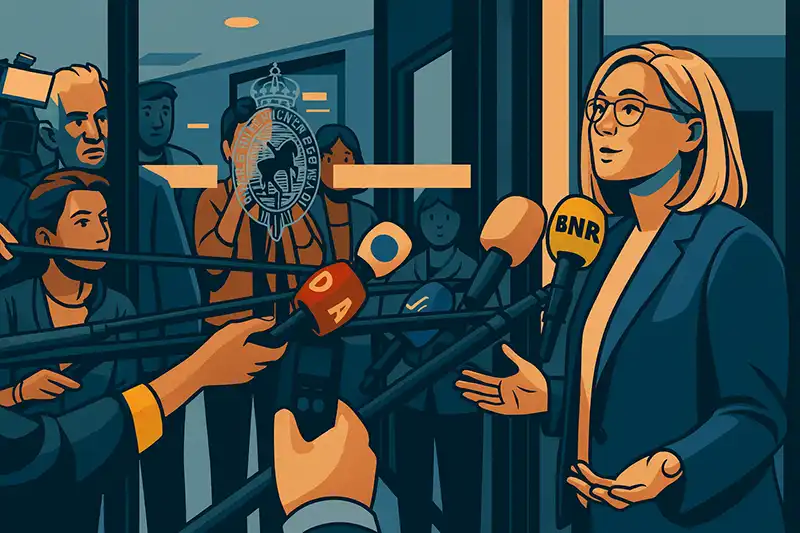 An illustration depicts a blonde woman wearing glasses and a dark blue suit, speaking at a press conference. She is surrounded by numerous microphones from various news outlets held by unseen reporters. Several stylized figures of reporters and a logo with a horse are visible in the blurred background. The image has a graphic art style with a dark blue and orange color scheme.