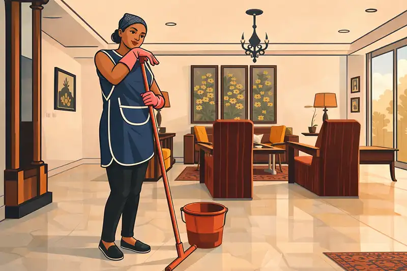 An illustration depicts a woman with dark hair tied in a bun and a headscarf, wearing a blue apron with white trim over a dark top and leggings, and pink cleaning gloves. She is holding a red mop and standing next to a red bucket on a shiny floor. She looks to the right with a slight smile. The background shows a spacious, well-furnished room with large windows, artwork, and elegant furniture. The art style is graphic with distinct outlines and bright colors.