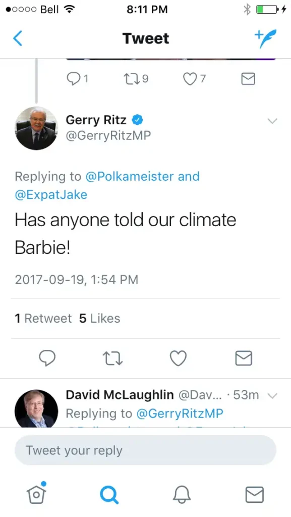A screenshot of a Twitter post from @GerryRitzMP (Gerry Ritz) with the text: "Replying to @Polkameister and @ExpatJake Has anyone told our climate Barbie! 2017-09-19, 1:54 PM 1 Retweet 5 Likes". Below it, another user, David McLaughlin, is shown replying.