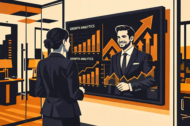 An illustration in an office setting shows a woman in a dark suit, seen from behind, looking at a large screen displaying "GROWTH ANALYTICS". The screen features graphs with upward trends and a smiling man in a suit. The art style is graphic with distinct outlines and a warm orange and dark blue color palette.