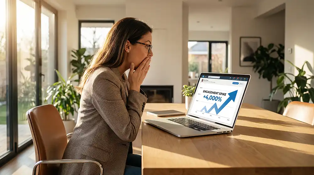 A woman with long dark hair and glasses, wearing a light brown blazer, is seated at a wooden table, looking at a laptop with a surprised expression, her hands covering her mouth. The laptop screen displays a graph with an upward trend and the text "ENGAGEMENT SPIKE +4,000%". The background shows a bright, modern room with large windows and plants.