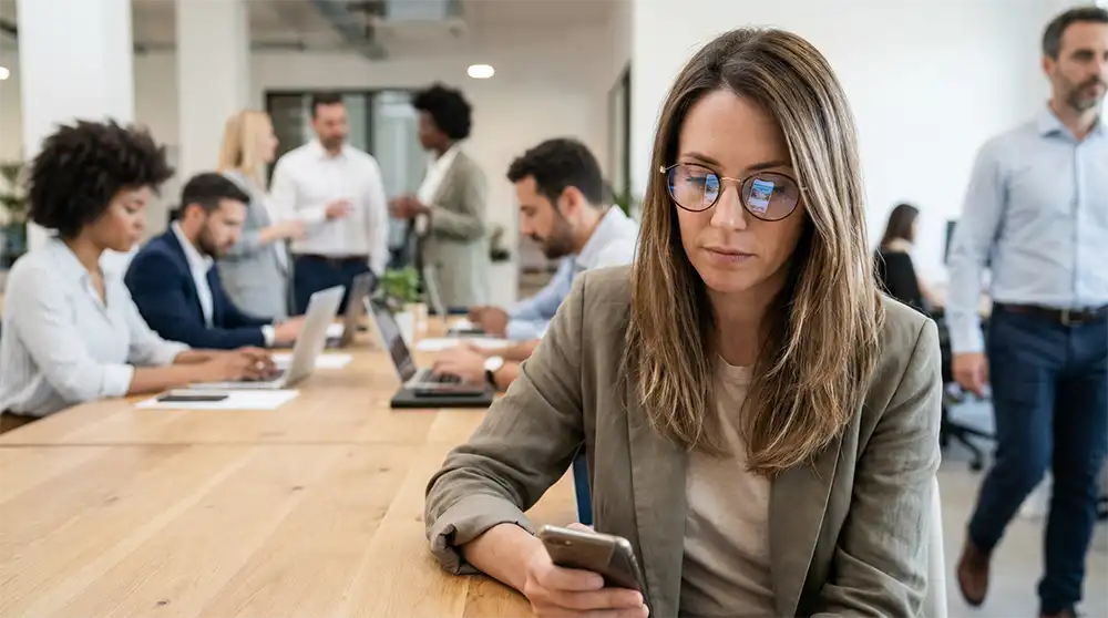 A woman with long brown hair and glasses, wearing a light brown blazer, is seated at a long wooden table in a busy office, looking down at her smartphone. In the background, other colleagues are working on laptops or standing and conversing, creating a dynamic office environment.