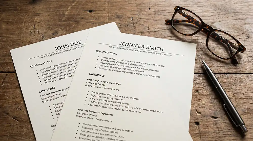 Two resumes, one for "JOHN DOE" and another for "JENNIFER SMITH", are laid out on a wooden surface next to a pair of brown eyeglasses and a black pen. The resumes detail qualifications and experience.