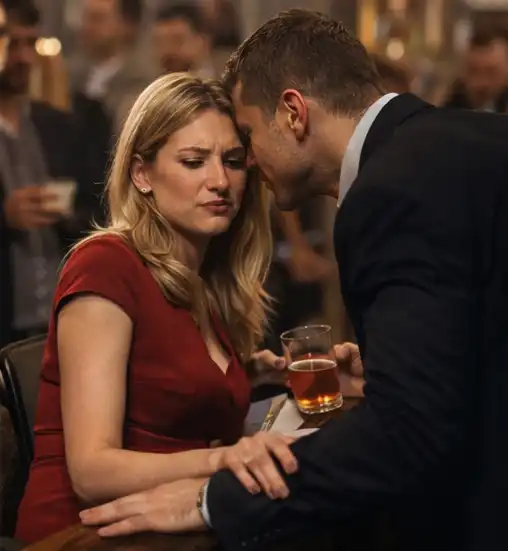 In a crowded bar, a man in a dark suit is leaning in close to a blonde woman in a red top, seemingly whispering in her ear. The woman looks down with a distressed or uncomfortable expression. The man has one hand on her arm, and a drink glass is on the table between them. Other blurred people are visible in the background.
