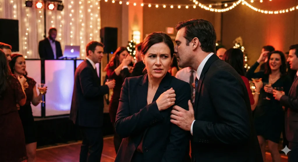 At a party with festive lights, a man in a dark suit is whispering into the ear of a woman in a dark suit jacket, who looks alarmed or uncomfortable. The man has his hand on her upper arm. In the background, other partygoers are visible, some dancing or holding drinks.
