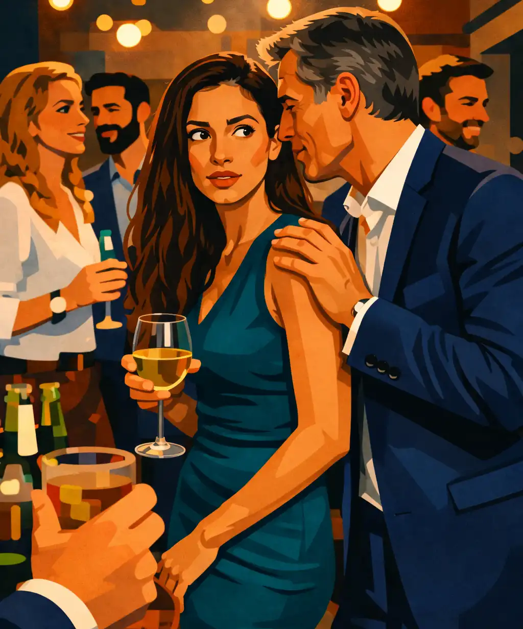 An illustration in a graphic style depicts a man in a blue suit with grey hair, leaning close to a woman in a teal dress, with his hand on her shoulder. The woman holds a glass of white wine and looks away with a wary expression. In the background, other people are visible at a party, holding drinks. The scene is lit with warm, glowing lights.