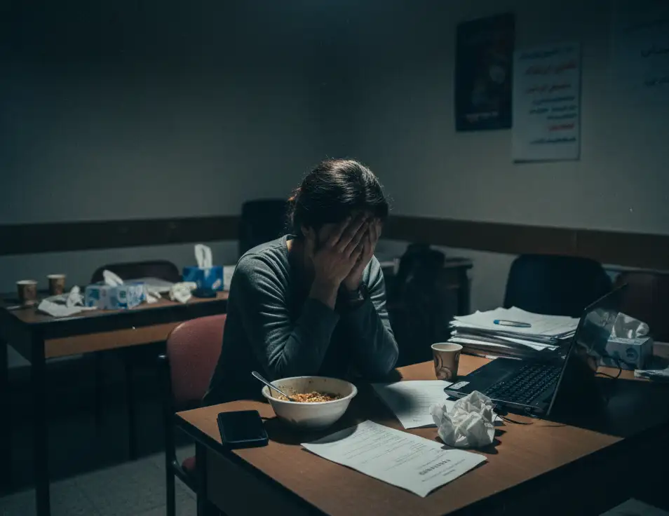 A woman with dark hair, wearing a grey long-sleeved shirt, is seated at a wooden desk in a dimly lit room. Her face is covered by her hands, suggesting distress or exhaustion. In front of her is a bowl of noodles, a smartphone, papers, and a crumpled tissue. A laptop, coffee cup, and another tissue box are also on the cluttered desk. Another empty desk is visible in the background.