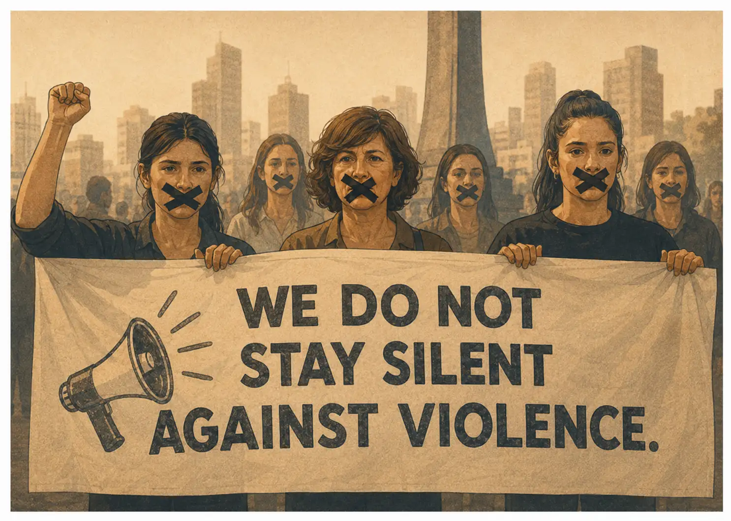 An illustrated protest scene of women with tape over their mouths holding a banner that says “WE DO NOT STAY SILENT AGAINST VIOLENCE,” with a megaphone icon and a city skyline in the background.