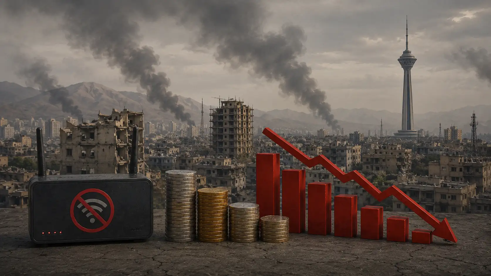 A dramatic composite illustration showing a black Wi-Fi router with a red "no Wi-Fi" symbol, stacks of coins forming a declining bar chart with a red downward arrow, set against a dystopian background of a destroyed city with smoke rising, and a tall tower resembling Tehran's Milad Tower in the distance. The image symbolizes the devastating economic impact of internet shutdowns in Iran.