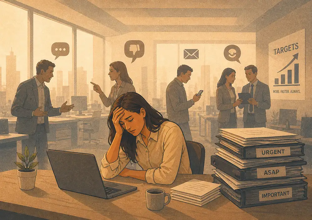 wvstructure-cover Illustration of a stressed office worker at a desk with a laptop, surrounded by tense coworkers, urgent paperwork, and performance pressure in a busy office environment.