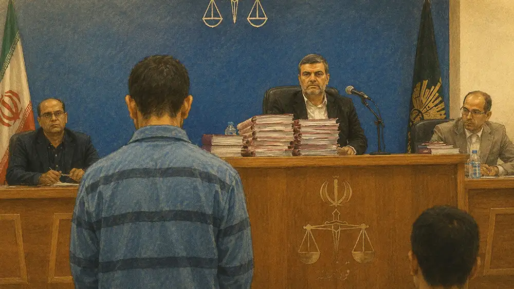 maryam-cover An illustrated courtroom scene depicting an Iranian court proceeding. A defendant in a blue striped shirt stands with his back to the viewer before a judge seated at an elevated bench, flanked by two officials. A large stack of case files sits on the bench. The Iranian flag and a scales-of-justice emblem are visible in the background.